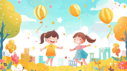 Obraz premium Two happy children holding balloons and laughing in a colorful park setting, surrounded by nature and vibrant scenery.