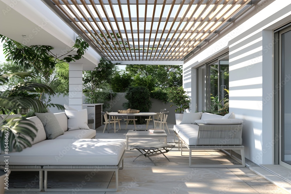 Poster a sophisticated design project for a covered veranda with a slatted roof for a modern white resident