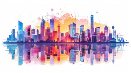 Colorful abstract cityscape with modern skyscrapers reflecting in water, featuring a bright and artistic design.