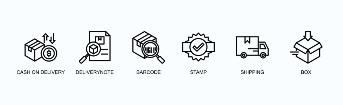 Order Fulfillment Banner Web Icon Vector Illustration Concept With Cash On Delivery, Deliverynote, Barcode, Stamp, Shipping, Unboxing