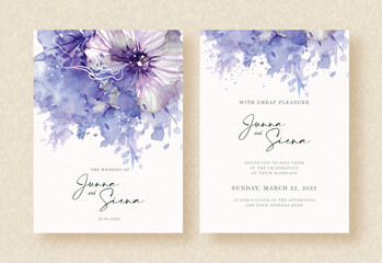 beauty flower with abstract splash purple painting on wedding invitation background