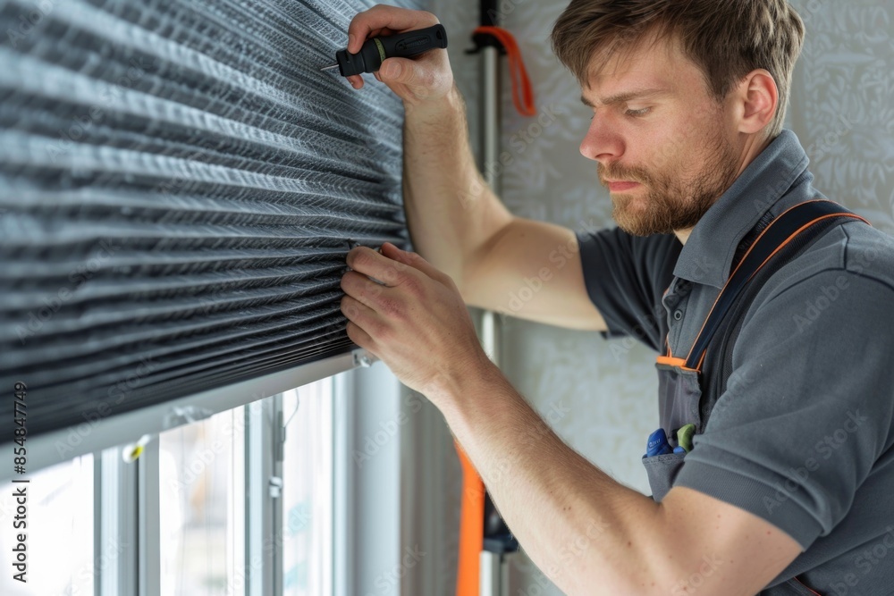 Poster a person adjusting a roller shade on a window