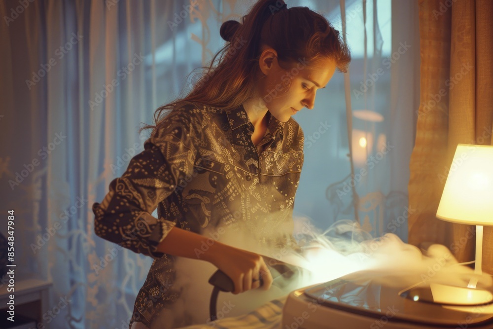 Poster A person stands in front of a lamp with steam emitting from it, suitable for use in various settings such as sci-fi or futuristic environments