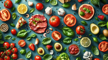 Fresh and vibrant ingredients for a delicious homemade Italian meal, featuring tomatoes, basil,...
