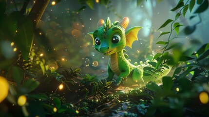 Naklejka premium Adorable Baby Dragon in a Mystical Forest, Generative AI
