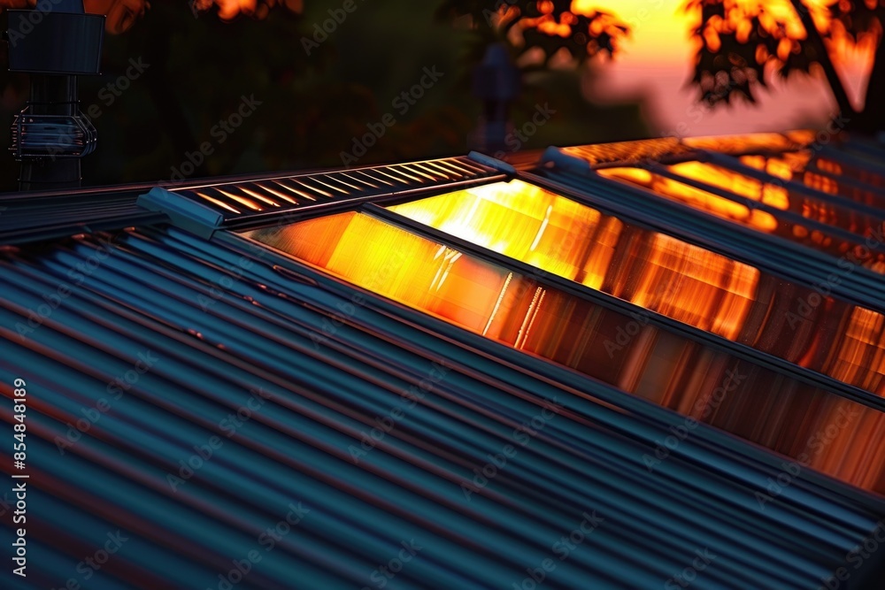 Poster a photo of the sunset on the rooftop of a building, ideal for use in travel, architecture or nature-