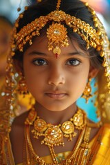 Fototapeta premium A young girl wearing a gold headpiece, possibly for a costume or ceremonial occasion
