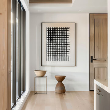 A large framed black and white abstract art print hung on the wall of an open-concept modern kitchen with light wood cabinets. Tall windows were in the background, with a trendy wooden stool.