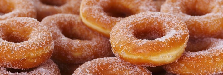 Colorful stack of powdered donuts on plain background, emphasizing shape and vibrant tones