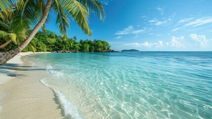Tranquil Tropical Beach Scene with Crystal Clear Water, Lush Palm Tree, and Pristine White Sand