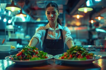 A woman stands behind two plates of food, ready to serve