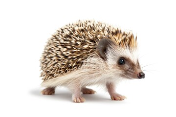 A small hedgehog standing on a white surface, great for illustrations and designs