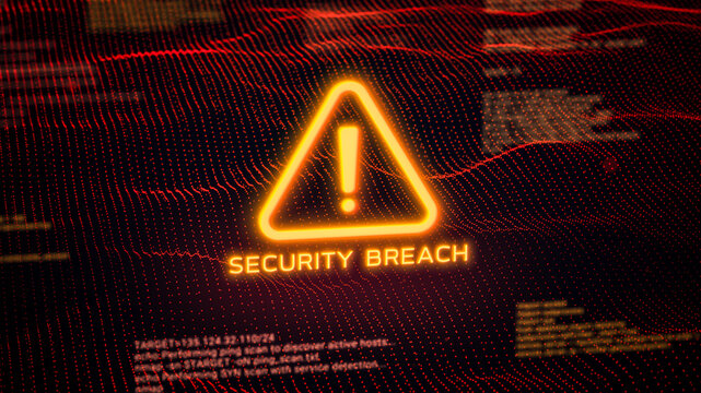 Business server show security breach alert warning sign, Hacker access private confidential database, Cyber attack data protection system exploit concept, hacking computer tech screen 3d rendering