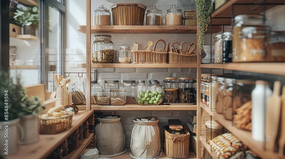 Poster a wooden shelf filled with various types of food