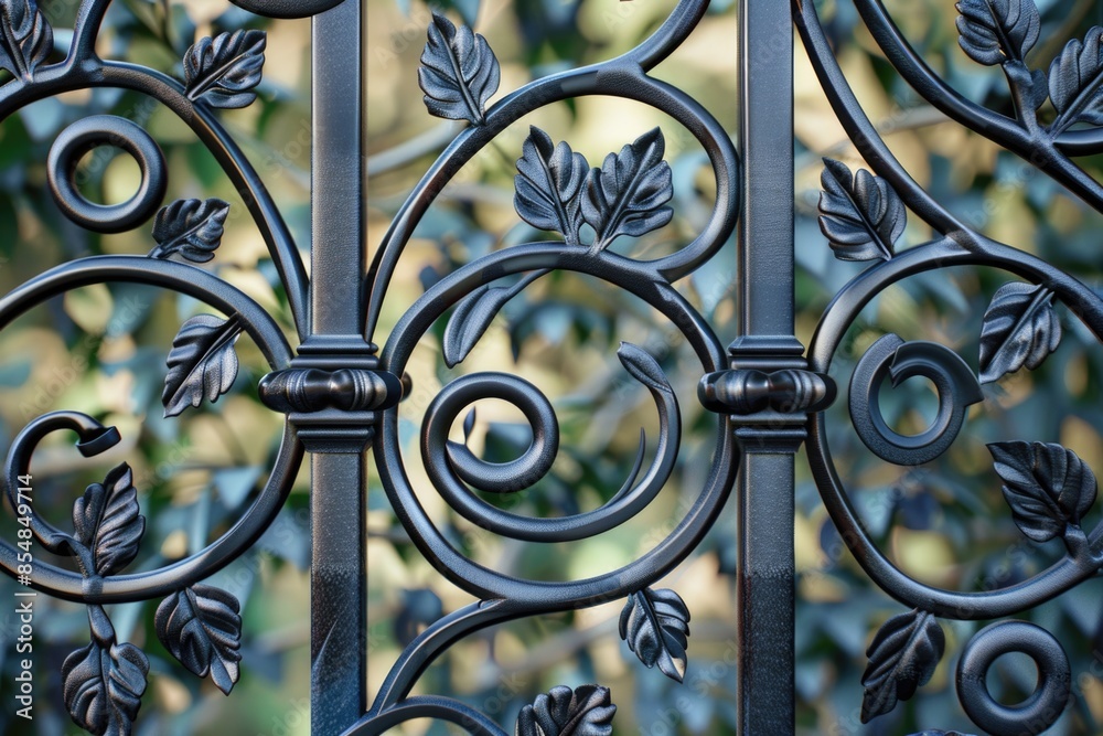 Poster A close-up view of an ornate wrought iron gate with intricate details and patterns