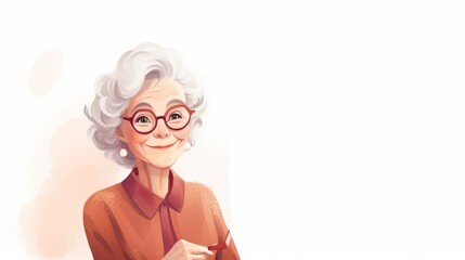 Illustration of a happy elderly woman, European type, with glasses and a scarf, smiling with falling autumn leaves, white background with copy space, horizontal.

Autumn, elderly woman, happiness