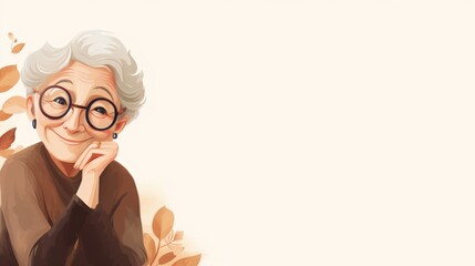 Illustration of a happy elderly European woman with glasses, resting her chin on her hand, smiling, surrounded by autumn leaves, against a light background with copy space, horizontal.

Happiness, eld