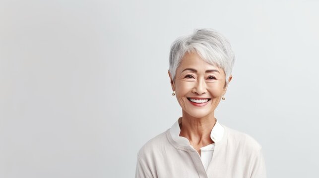 Photograph of a happy elderly Asian woman with short gray hair, smiling against a light background, horizontal with copy space.

Senior woman, happiness, portrait, aging, positivity