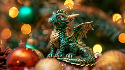 Fototapeta premium Cute Green Dragon Christmas Ornament with Festive Lights, Generative AI