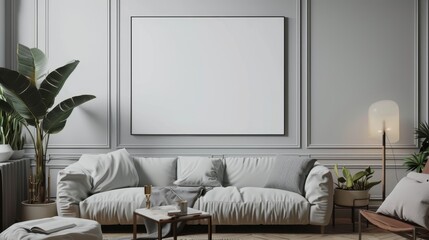 ISO A paper size, living room poster frame mockup on interior house wall, modern decor 3D rendering