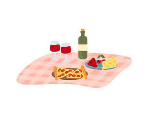 Picnic set. Set of  fruits and food on a blanket. Pizza, cheese and glasses of wine. Lunch in nature. Vector illustration, flat style.