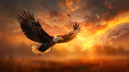 Obraz premium A majestic bald eagle soars against a vibrant sunset sky with clouds ablaze, symbolizing freedom and strength in the wild.