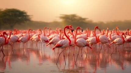 Obraz premium Group of flamingos standing in shallow water at sunset, their pink feathers reflecting in the calm water, with a blurred natural background, photo, horizontal, copy space