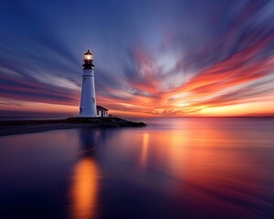Stunning lighthouse at sunset with dramatic clouds and calm ocean, vivid colors reflecting in the water, creating a tranquil and picturesque scene. © Narongsak