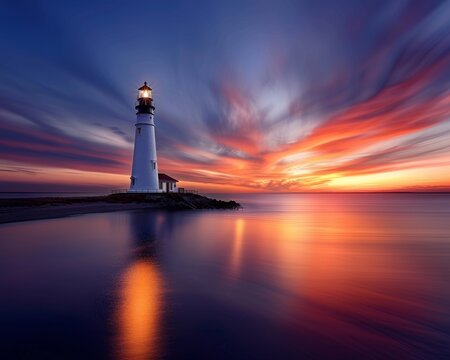 Stunning lighthouse at sunset with dramatic clouds and calm ocean, vivid colors reflecting in the water, creating a tranquil and picturesque scene.