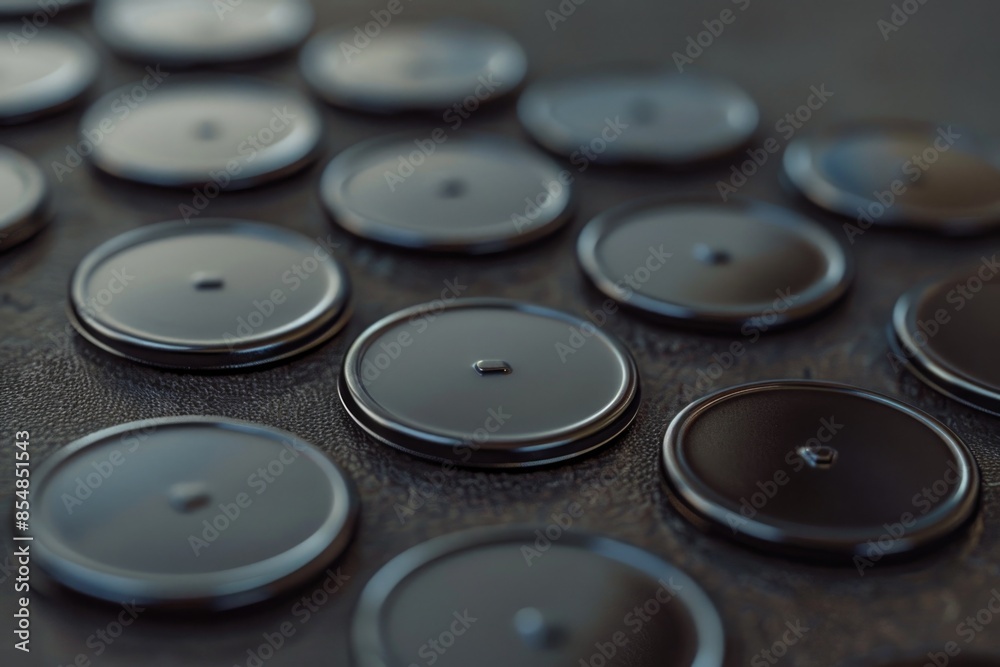 Poster A group of buttons arranged on a table, ideal for use in illustrations or designs related to technology or office settings