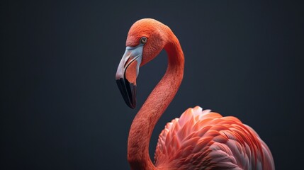 Close-up of a flamingo with vibrant pink and orange feathers against a black background, showcasing its intricate feather details and striking beak, horizontal, photo