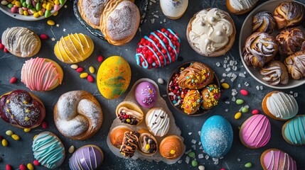 Traditional Easter treats Multi hued eggs and sugary pastries