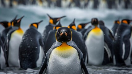 A group of king penguins standing together in their natural cold habitat, with one penguin in focus among the flock.
