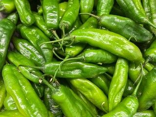 Several green chili finger peppers background.