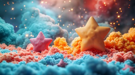 Obraz premium 3D render of colorful stars and clouds made from play doh, fantasy background, bokeh effect