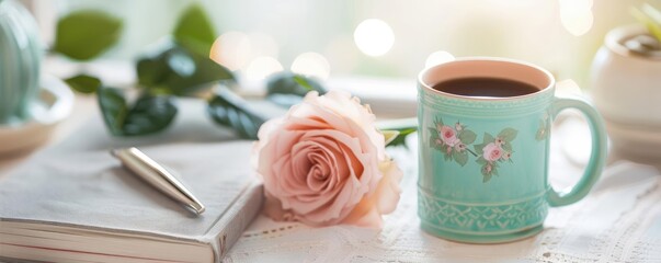Coffee Date, A coffee mug with a cute design, a single rose, and a book on a table Casual attire like a floral dress or a blazer