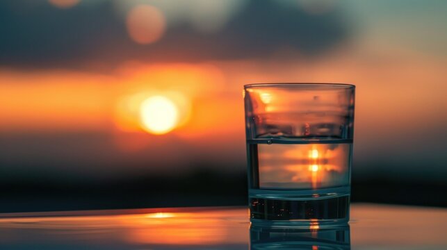 a glass half full of water sits on a table outside as the sun sets in the background