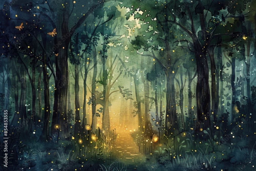 Poster a serene forest path illuminated by twinkling fireflies