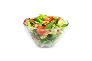 Delicious and healthy salad from fresh vegetables isolated on white background. Close-up.
