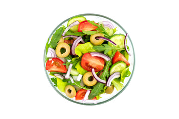 Salad from fresh vegetables and green leaves isolated on white background. Top view.