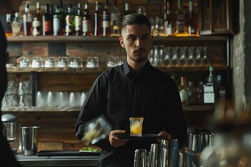 A person holding a tray with a drink, ready to serve at the bar