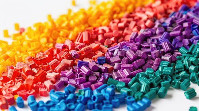 Vibrant plastic masterbatch pellets separated on a white backdrop