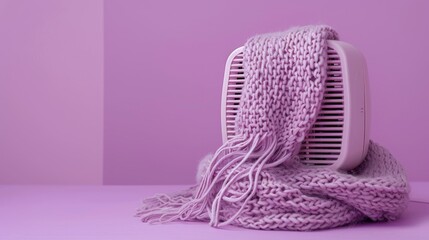Electric heater with scarf on lilac background symbolizes heating season