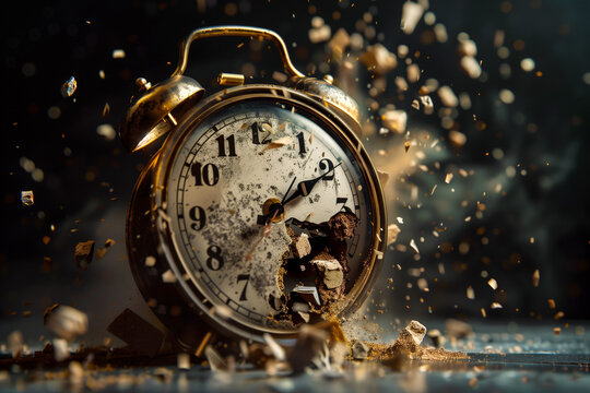 Old destroyed alarm clock. Concept of passing time, deadline, and rush 