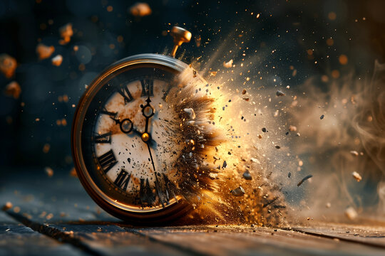 Old clock exploding into pieces. Passing time, deadline and rush concept