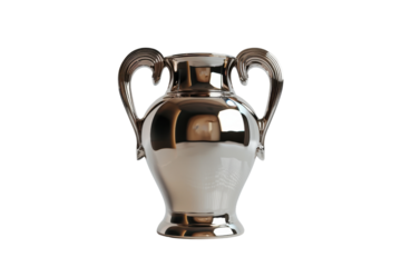 Elegant metallic vase with a shiny polished finish and two ornate handles, isolated on a transparent background. perfect for home decor and interior design.