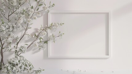 Empty white frame with floral decorations alongside a white wall