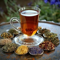 Fototapeta premium An image of a clear glass cup of tea on a table with several metal containers holding different types of tea leaves and herbs.