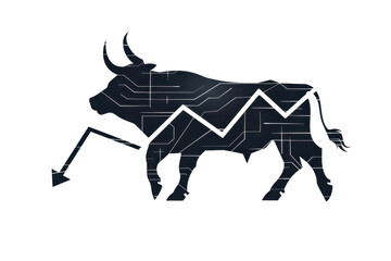 Abstract bull technology stock market logo with circuit design representing growth in financial markets and investments.