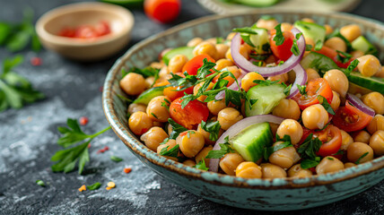 Protein-packed chickpea salad with diced cucumbers, tomatoes, red onions, and parsley, tossed in a lemon tahini dressing